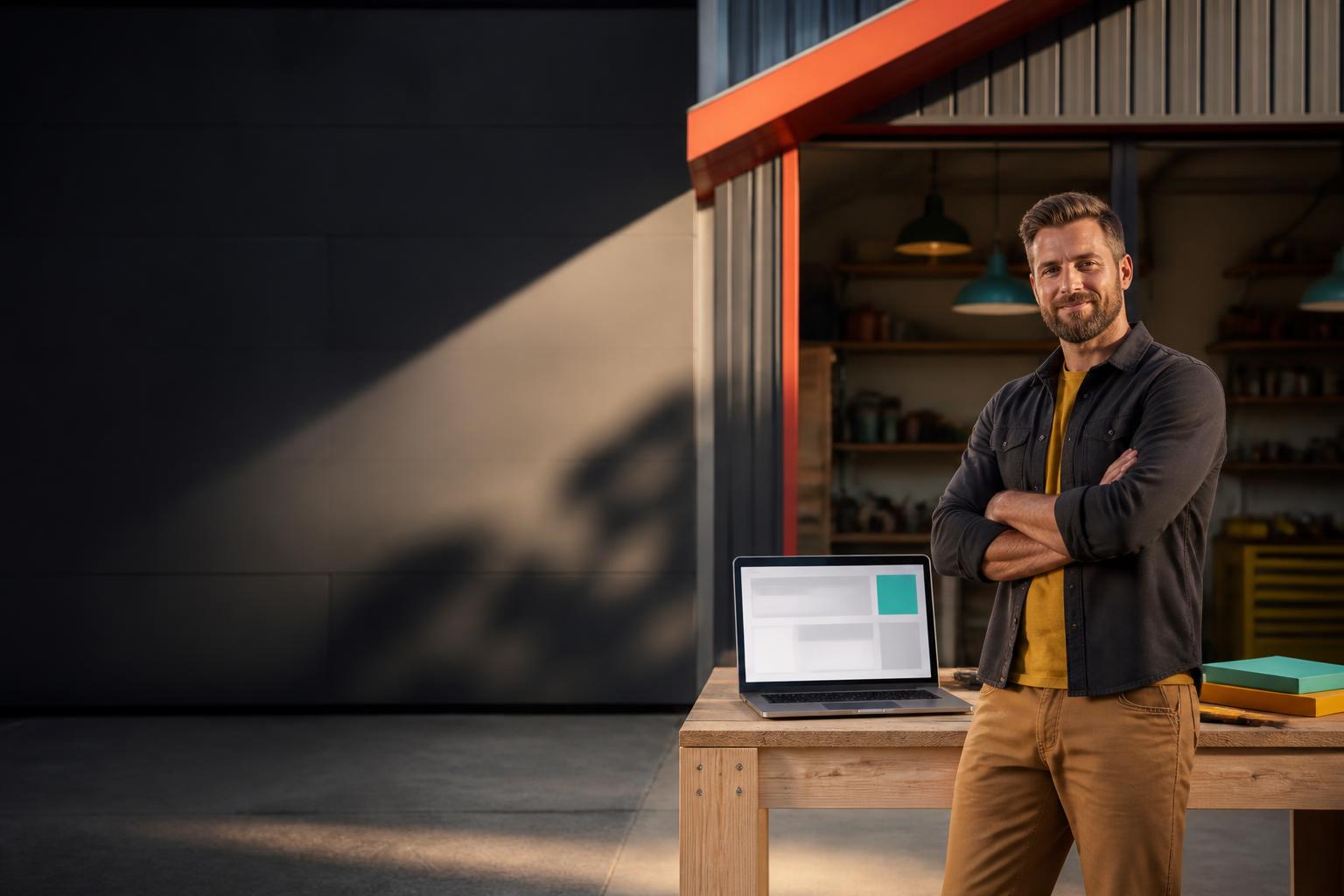 Independent small business owner outside a modern workshop